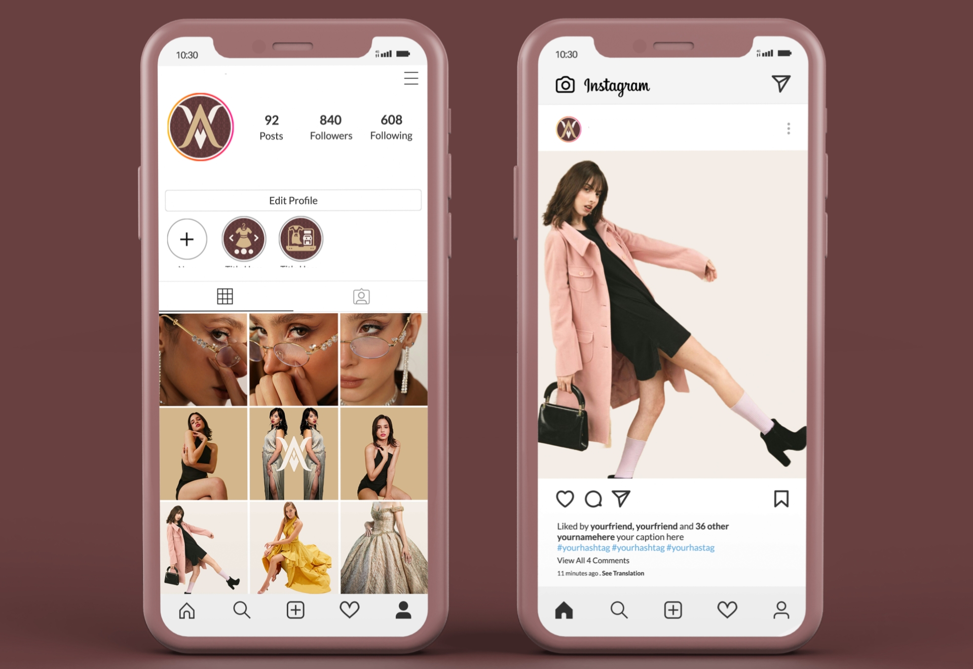 Instagram interface design for Valere with profile, highlights, and theme – fashion branding and visual identity by Wotbbi.
