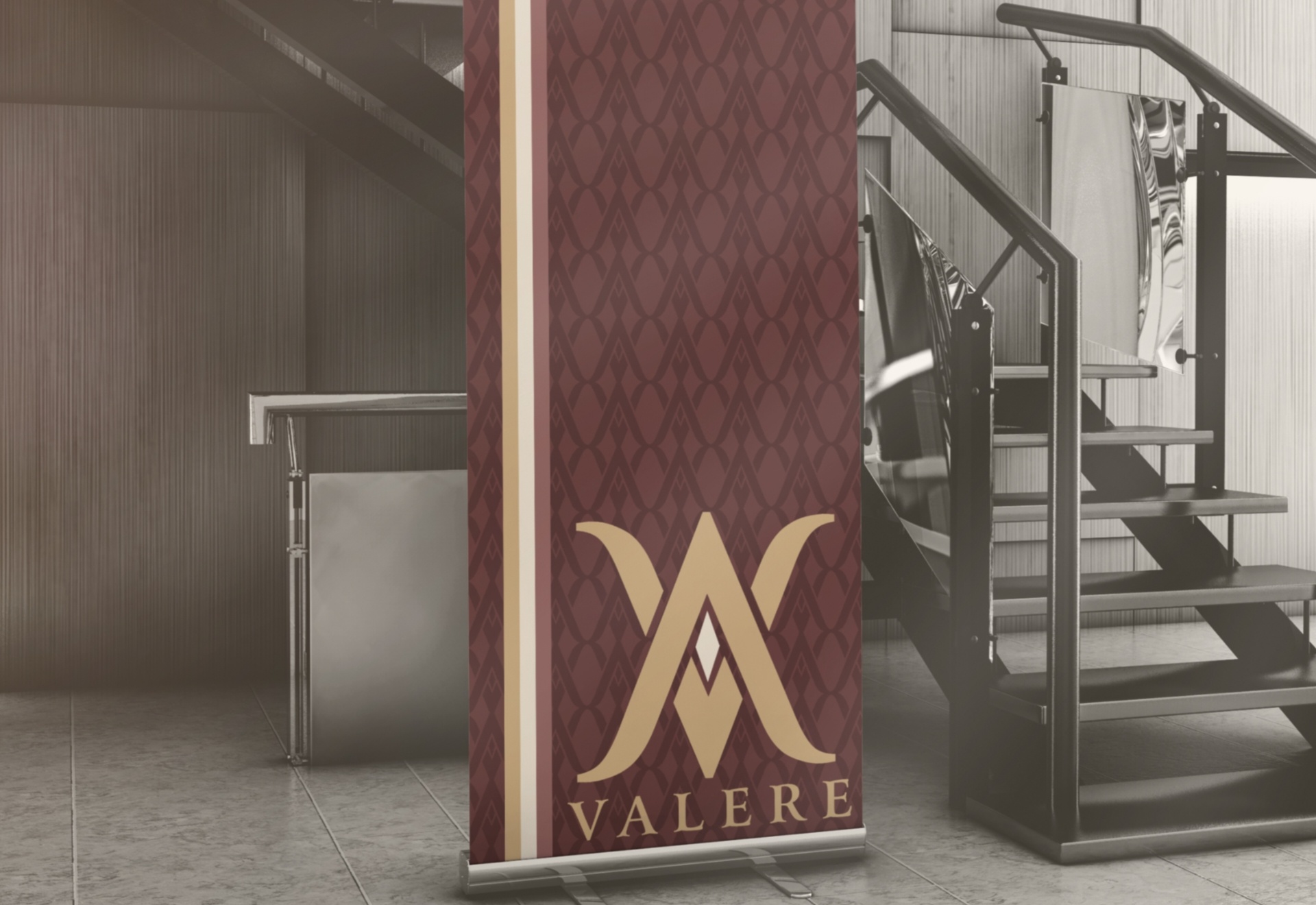 Indoor banner with Valere logo and visual identity design – fashion branding and visual identity by Wotbbi.