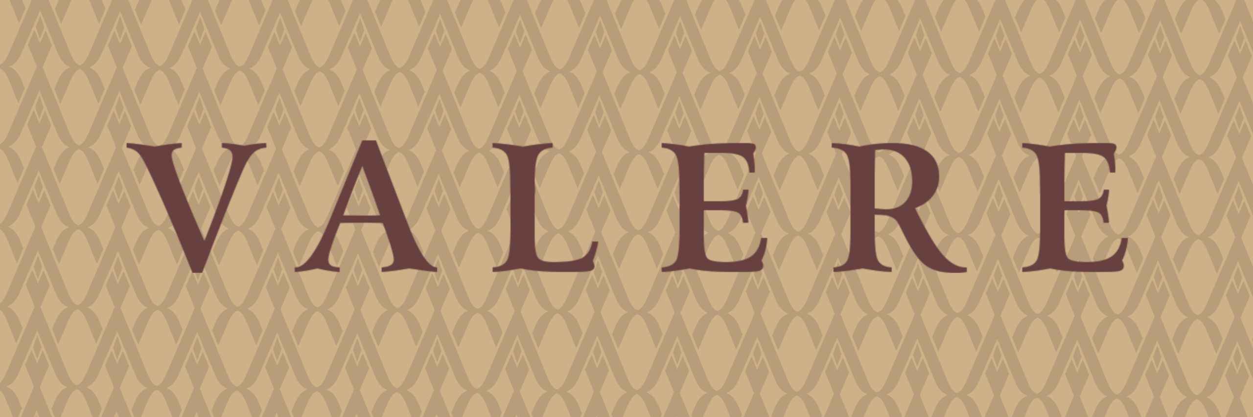 Valere logotype with brand pattern on Fawn gold background – fashion branding and visual identity design by Wotbbi.