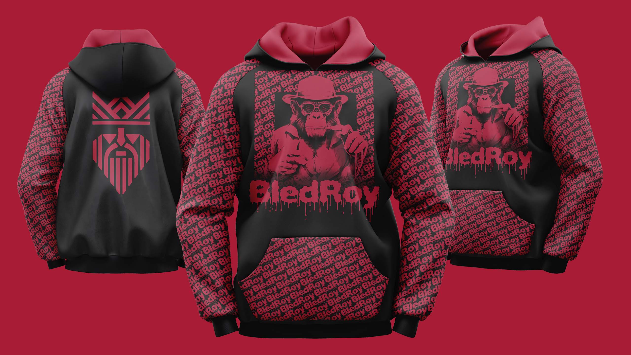 Hoodie graphic designed by Wotbbi for Bledroy, a streetwear brand, as part of its fashion branding.