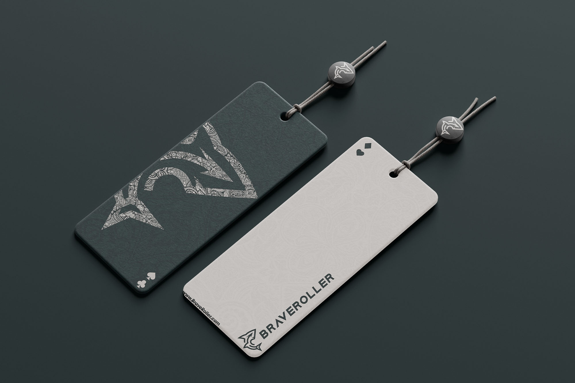 Hang tag designed by Wotbbi for BraveRoller, a performance apparel brand built for professional poker, as part of its branding.