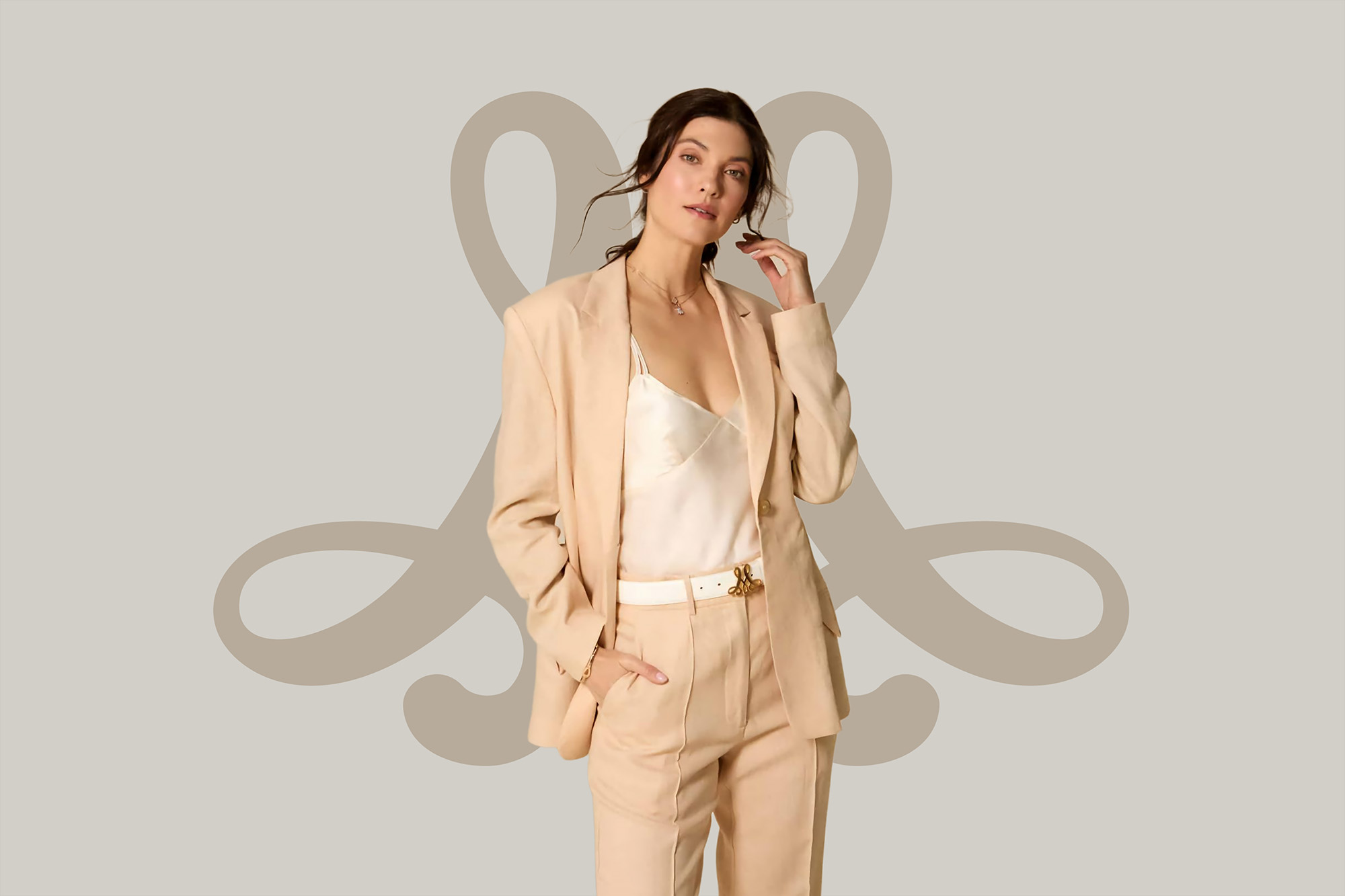Standing model photoshoot by Wotbbi for Merlenne, a luxury womenswear brand, as part of its fashion branding showcase.