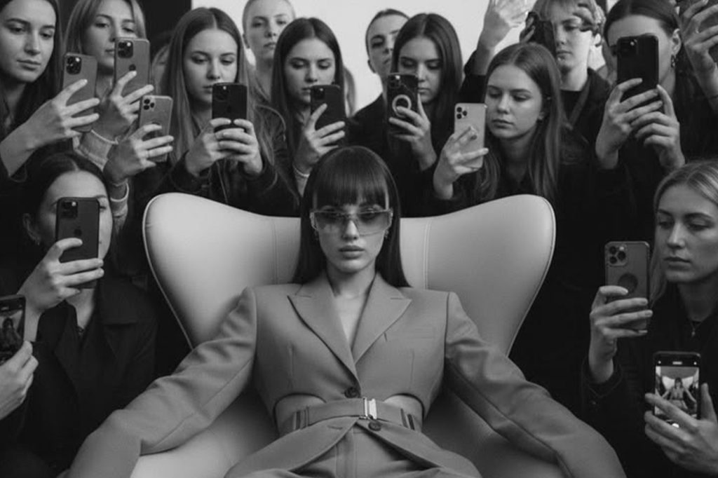Model sitting with cameras around, representing the 3rd Principle of Wotbbi's 7 Principle of Fashion Branding: The Tension Principle.